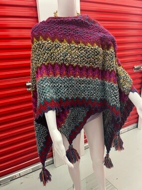 Roffe Multicolor Open-Knit Shawl with Teal Trim